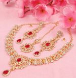 Touchstone Indian Bollywood enchanting floral diamond studded look Rhinestone embellished bridal designer jewelry necklace set for women in silver or white tone. - Image 8